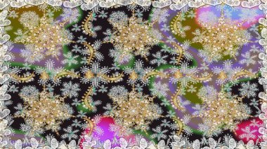 Gri ve nötr renklerde altın elementlerle kusursuz desen. Raster illüstrasyonu. Kusursuz klasik raster altın desenli. Geleneksel oryantasyon süsü. Klasik vintage arkaplan.