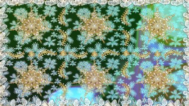 Raster illüstrasyonu. Tarafsız ve yeşil renklerde, altın elementlerle.