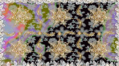 Kart, duvar kağıdı, ambalaj ve tekstil için klasik tasarım. Kusursuz desenli altın elementler. Klasik çiçek dokusu. Gri ve nötr renklerin kraliyet retro 'su. Raster illüstrasyonu. Altın şablon.