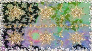 Kusursuz altın desenli bukleler. Parlak dantel, stilize çiçekler, şal desenli. Hassas altın deseni açın. Raster. Tarz arabesk. Tarafsız ve gri renklerde altın elementlerle kusursuz desen.