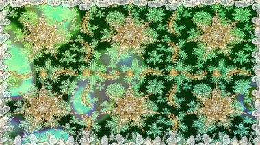 Barok tarzında kusursuz bir doğulu süsü. Yeşil ve nötr renklerde altın desenli altın elementler. Geleneksel klasik altın desen. Raster doğulu süsü.