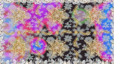 Kusursuz kıvırcık saçlar. Raster altın desen. Doğulu stil altın deseni gri ve nötr renklerle altın elementlerle donatır.