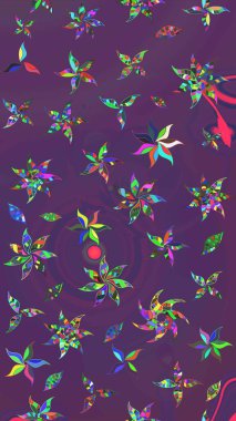 Eski usul. Raster illüstrasyonu. Renkli desenli eskiz deseni, mor ve mor çiçekler ve dekoratif elementler. Eskiz geçmişi. Kumaş, tekstil ve duvar kağıdı baskısı için..