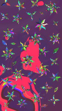 Raster illüstrasyonu. Yumuşak, bahar çiçekleri mor ve pembe renklerde. Çiçek ve yapraklı karalama şeklinde Raster çiçek deseni.