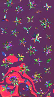 Egzotik çiçekler, mor ve pembe renklerdeki parlak botanik klasik doğa. Klasik tropikal doğal elementlerin suluboya seti. Raster illüstrasyonu.