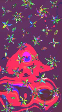 Raster illüstrasyonu. Taslak desenli, modaya uygun kumaş deseni. Düz Çiçek Elementleri Tasarımı. Şirin çiçek elementleri. Renkli Bahar Teması çizim şablonu.