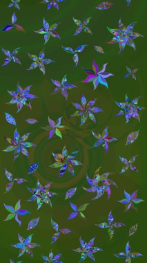 Raster illüstrasyonundaki çiçek desenli çizim. Yeşil ve mavi renkte çiçekler. Renkli Yaz Temalı eskiz kalıbı. Düz Çiçek Elementleri Tasarımı.