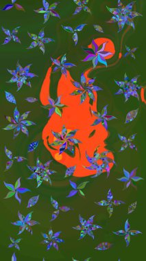 Çiçekli karalama şeklinde Raster çiçek deseni. Yeşil ve turuncu renklerde bahar çiçekleri. Raster illüstrasyonu.