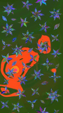 Raster illüstrasyonundaki çiçek desenli çizim. Yeşil ve turuncu renkte çiçekler.