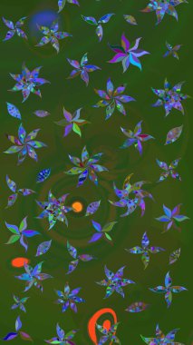 Yeşil ve mavi renkli bitkilerden oluşan parlak çiçekli çizim deseni.