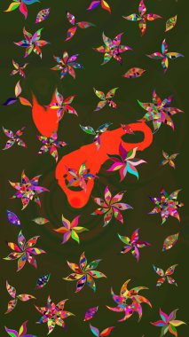 Raster - stok. Eskiz arkaplan modeli. Yapraklı çiçekler ve yeşil ve gri renkli papatya çiçekleri..