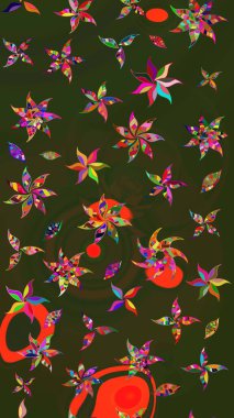 Raster illüstrasyonu. Kumaş, tekstil, duvar kağıdı baskısı için. Eskiz geçmişi. Renkli desenli eskiz deseni, gri ve yeşil çiçekler ve dekoratif elementler. Antika retro tarzı.