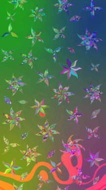 Raster deseni. Raster illüstrasyonu. Patlayan çiçekler soyut olarak yerleştirilmiş. Yeşil ve mavi renklerde bahar çiçekleri..