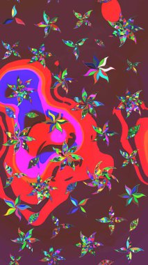 Çizim kalıbı. Renkli süs kenarı. Çiçek duvar kağıdı. Kahverengi ve kırmızı renklerde. Raster illüstrasyonu. Hint süsü..