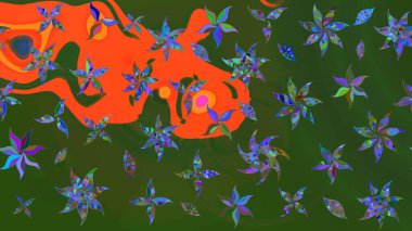 Nakış desenli çiçek deseni. Renkli grunge, koyu yeşil ve turuncu çiçeklerle soyut bir arka plan oluşturur. İzler, kumaş, duvar kağıtları, tekstil için raster dokusu.