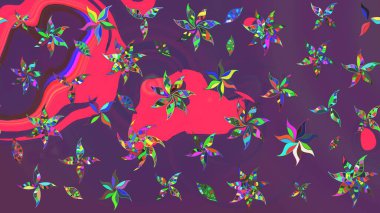 Raster illüstrasyonu. Yumuşak, bahar çiçekleri mor ve pembe renklerde. Çiçek ve yapraklı karalama şeklinde Raster çiçek deseni.