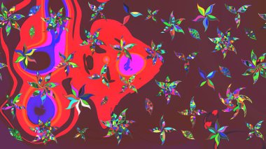 Renkli Bahar Teması eskiz kalıbı. Düz Çiçek Elementleri Tasarımı. Raster illüstrasyonundaki çiçek desenli çizim. Kahverengi ve kırmızı renkte çiçekler.