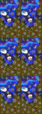 Raster illüstrasyonu. Yeşil ve mavi renklerde. 3D çiçekler, çizim.