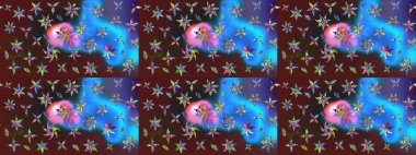 Raster Floral Illustration, Asyalı tekstil. Mor ve mavi renkte etnik çiçeklerle süslenmiş zarif bir eskiz..