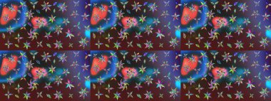 Çiçek desenli eskiz. Düz Çiçek Elementleri Tasarım Raster illüstrasyonu. Renkli Bahar Teması eskiz kalıbı. Mavi ve mor renkte çiçekler.