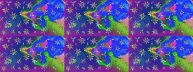 Mavi ve mor renkli etnik çiçeklerle süslenmiş zarif bir eskiz deseni. Raster Çiçek İllüstrasyon Şirin Tekstil.