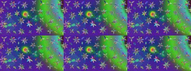 Raster illüstrasyonu. Şatafatlı bahar bahçesi dokusu. Yeşil ve mavi renkte çiçek çizimi. Çiçek deseni. Yeşil ve mavi renkte çiçekler.