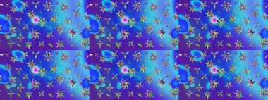 Çiçekli karalama şeklinde Raster çiçek deseni. Mavi ve mor renkli çiçekler. Nazik, sevimli çiçek arkaplanı..