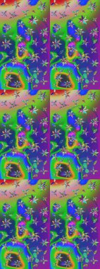 Yeşil ve mavi renkli etnik çiçekli zarif eskiz deseni. Asya Tekstil 'inde Raster Çiçek İllüstrasyonu.