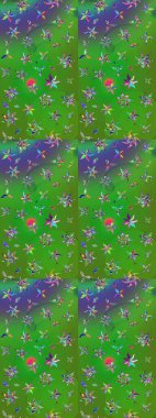 Raster illüstrasyonu. Çiçek desenli çizim. Yeşil ve mor renkli çiçekler. Asya tekstil tarzında. Raster illüstrasyonu.