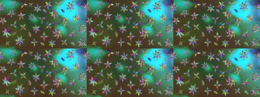 Ağaç dallı bahar çiçekli desen, çiçek siluetiyle yeşil ve mavi renkler. Raster deseni.