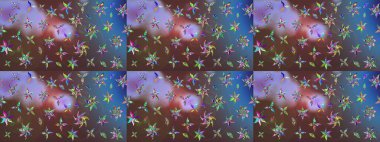 Raster illüstrasyonundaki çiçek desenli çizim. Kahverengi ve mavi renkte çiçekler.