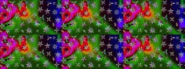 El çizimi çiçek çizimi deseni (fayans). Şirin çiçekli, desenli, yeşil ve mavi renkli renkli bir eskiz. Tekstil için suluboya çizim deseni.