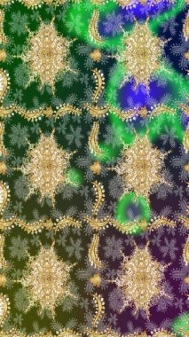 Skeç raster arka planı. Duvar kâğıdı barok, İspanyol kumaşı. Çiçek desenli çizim. Yeşil renkler üzerine grafiksel modern çizim deseni.