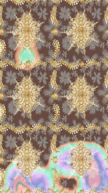 Çiçek süslemeli Raster eskiz deseni. Süslü dantel iz sürücü. Kahverengi renkli geleneksel Arap dekoru. Doğu tarzında klasik tasarım öğesi. Duvar kağıdı için altın süslü illüstrasyon.