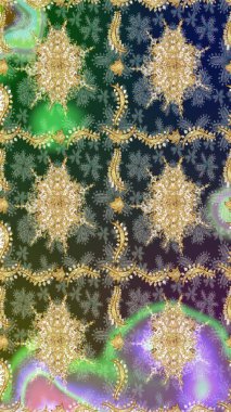 Altın elementli yeşil renklerde altın eskiz deseni. Raster illüstrasyonu. Tekrarlayan elementlerle soyut arkaplan oluşturun. Sketch damask klasik altın desen.