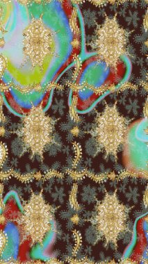 Kraliyet lüksü, altın barok kumaş rengi eskiz. Raster eskiz deseni altın antika çiçekli ortaçağ dekoratifi, yapraklar ve kahverengi renkli altın desenli süslemeler..