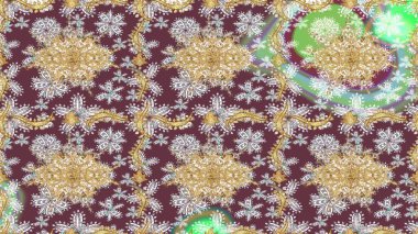 Kahverengi renklerde ve altın elementlerle. Altın desenli bukleler çiz. Raster illüstrasyonu. Hassas altın deseni açın. Doğu tarzı arabesk. Parlak dantel, stilize çiçekler, şal desenli.