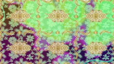 Antika altın tekrarlanabilir duvar kağıdı. Barok tarzında altın çiçekli süs. Damask çizimi tekrarlanıyor. Yeşil renkte altın element.