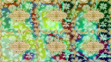 Klasik Raster Golden eskiz kalıbı. Çiçek süsü kumaş deseni, cam, çiçek desenli metal altın elementli yeşil renkte.