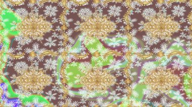 Süslü raster dekorasyonu. Barok tarzında duvar kâğıdı tasarımı için eskiz şablonu arka planı. Altın elementlerle nötr renklerde altın desen.