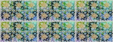 El yapımı dekoratif çerçeve, albüm kapağı, tebrik kartı, klasik Art deco tarzı. Raster soyut çiçek çelengi altın karalama fantezi yaprakları ve tarafsız renklerde çiçek.