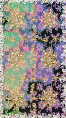 Kusursuz kıvırcık saçlar. Raster altın desen. Doğulu stil, altın elementlerle altın deseni nötr renklerle donatır..