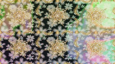 Tarafsız renklerde, altın elementlerle kusursuz klasik desen. Noel, kar tanesi, yeni yıl 2019.