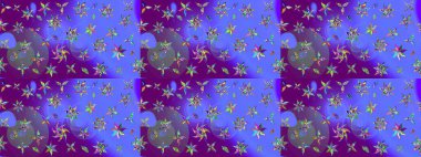 Eskiz arkaplan modeli. Menekşe yapraklı yabani çiçekler ve mor renkler. Suluboya, elle çizilmiş. Raster illüstrasyonu.