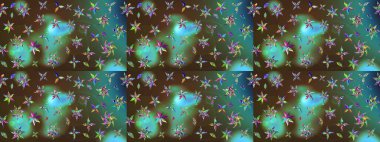 Tropik çiçek desenleri. Raster illüstrasyonu. Yeşil ve kahverengi renkte çiçekler.