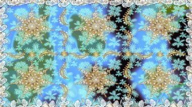 Çiçek deseni. Duvar kâğıdı barok, İspanyol kumaşı. Kusursuz raster arka plan. Şık bir grafik desen. Mavi renklerdeki altın elementler.