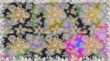 Geleneksel raster ve altın desen. Damask pürüzsüz süsü. Gri renkler üzerinde klasik oryantal desen.