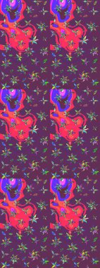 Raster Yumuşak kumaş deseni. Raster çiçek izi. Klasik taslak çizimi. Çiçeksel mor ve pembe çizim deseni.