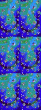 Çiçekli ipek eşarp. El çizimi çiçek unsurları olan soyut çizim raster deseni. 1950-1960 motifleri. Retro tekstil tasarım koleksiyonu. Mavi ve yeşil, mavi ve yeşil.