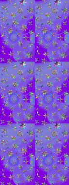 Mor ve mavi renklerdeki bitkilerden oluşan parlak çiçekli çizim deseni.